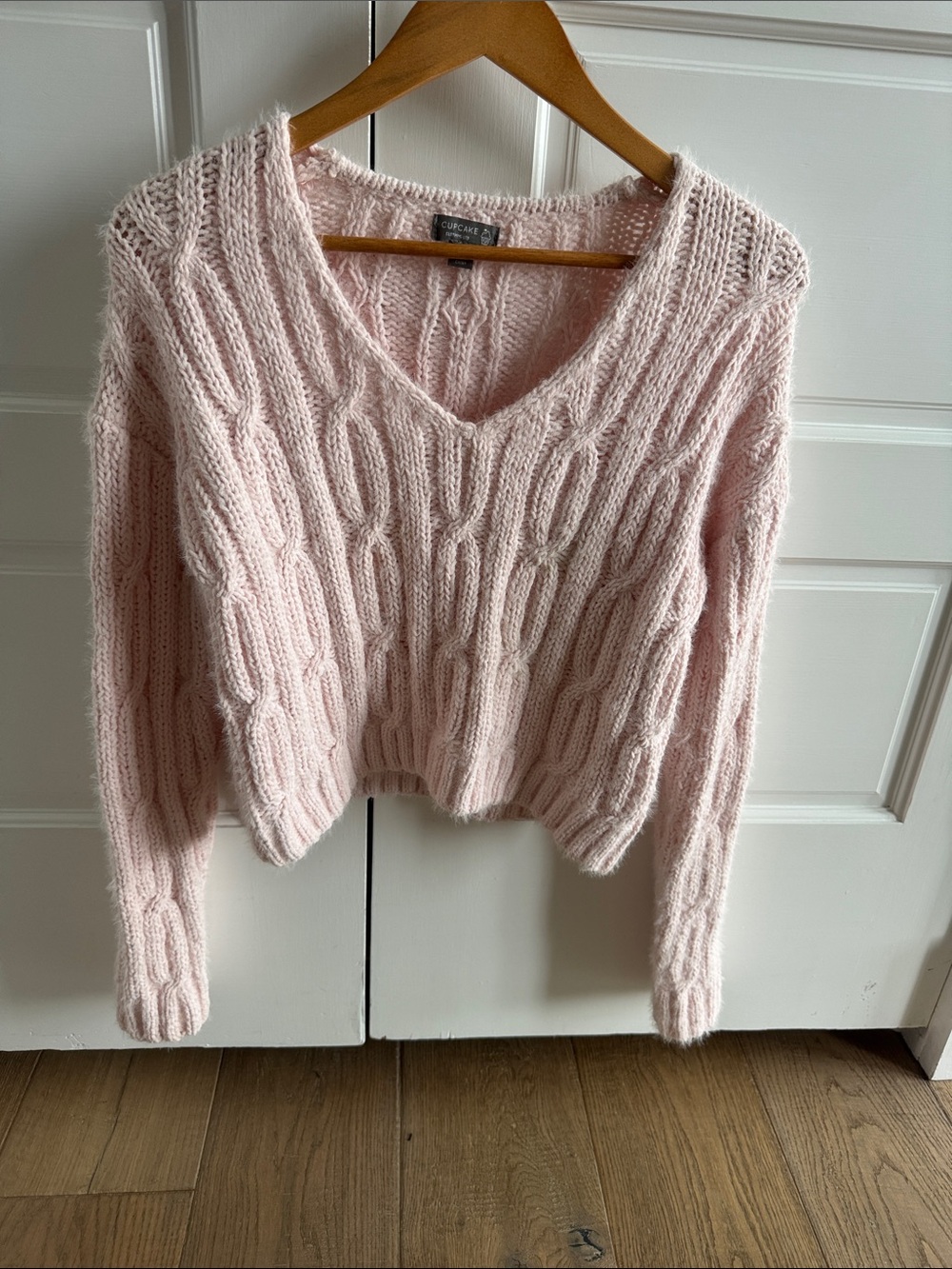 Cable Knit V-Neck Sweater in Pale Pink by Cupshe